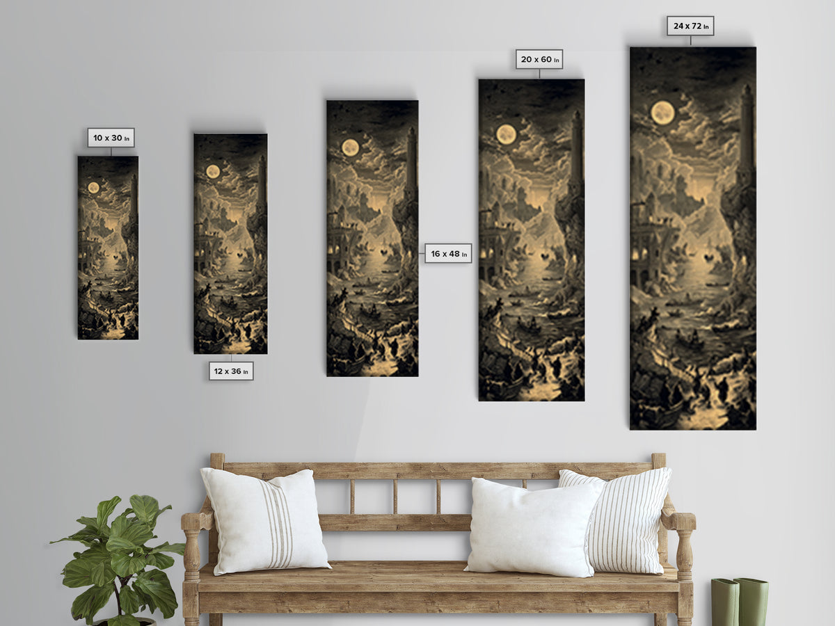 Haunted Seaside Halloween, Architectural Etching Art, Tall Narrow Wall Art, Gothic Horror Wall Art, Framed Canvas Print