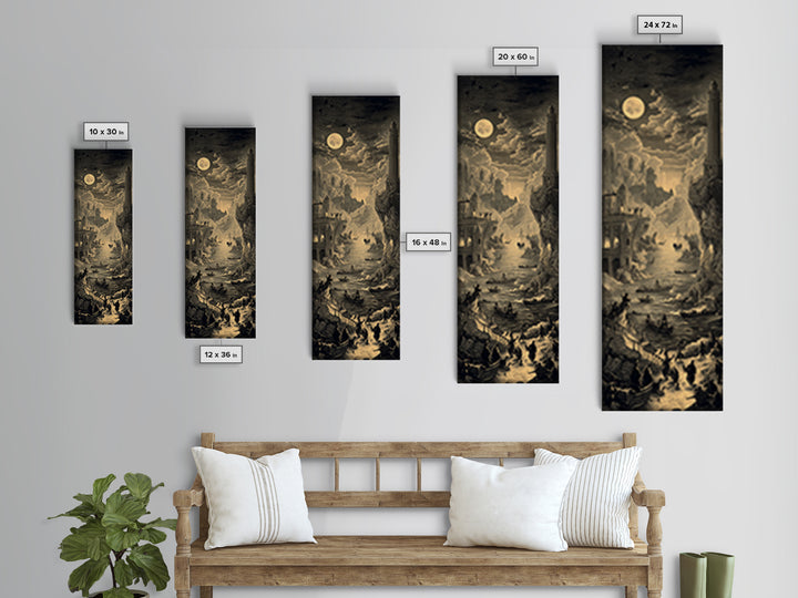 Haunted Seaside Halloween, Architectural Etching Art, Tall Narrow Wall Art, Gothic Horror Wall Art, Framed Canvas Print