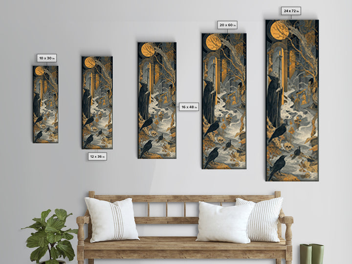 Haunted Seaside Halloween, Symbolist Etching Art, Tall Narrow Wall Art, Dark Halloween Decor, Framed Canvas Print, Halloween Wall Art
