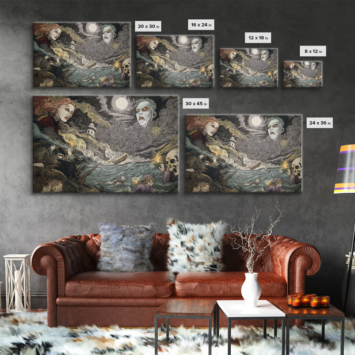 Haunted Seaside Halloween, Expressionist Gothic Art, Landscape Wall Art, Macabre Wall Art, Canvas Print, Halloween Wall Art