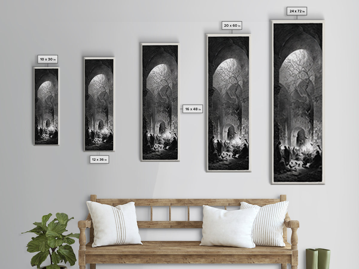 The Candlelit Crypt, Gothic Engraving Art, Tall Narrow Wall Art, Dark Fantasy Wall Art, Canvas Print, Halloween Wall Art