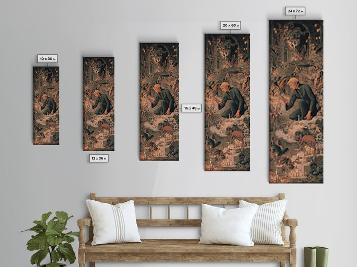 The Candlelit Crypt, Medieval Grotesque Art, Tall Narrow Wall Art, Dark Halloween Decor, Framed Canvas Print, Halloween Wall Art