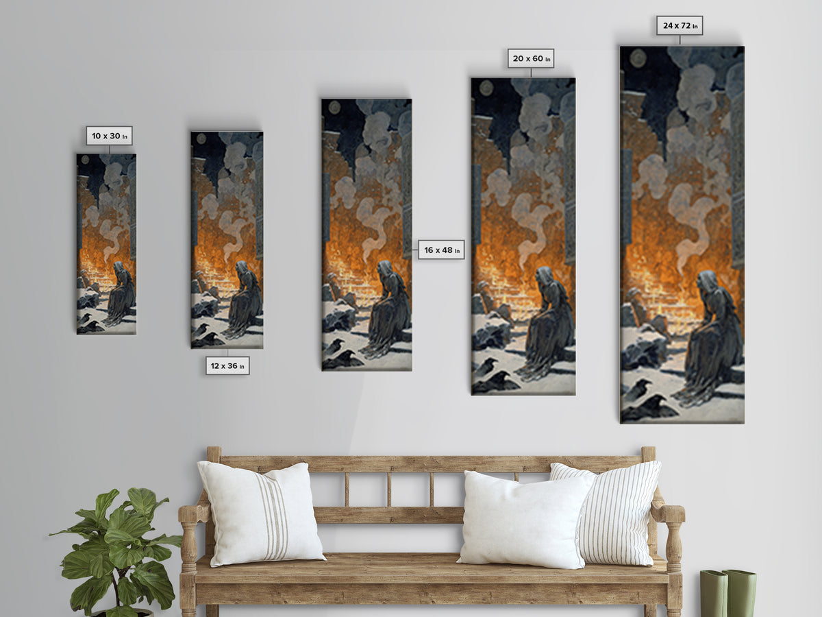 The Candlelit Crypt, Symbolist Death Art, Tall Narrow Wall Art, Macabre Wall Art, Framed Canvas Print, Halloween Wall Art