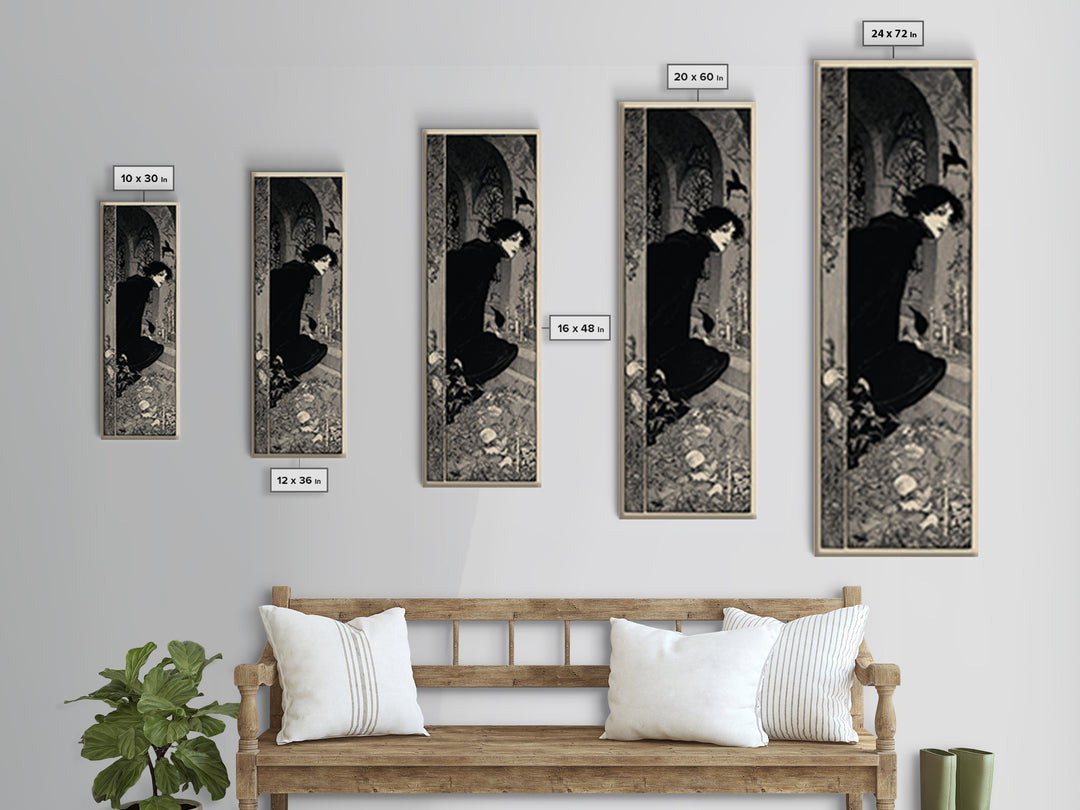 The Candlelit Crypt, Decadent Line Art, Tall Narrow Wall Art, Macabre Wall Art, Framed Canvas Print, Halloween Wall Art
