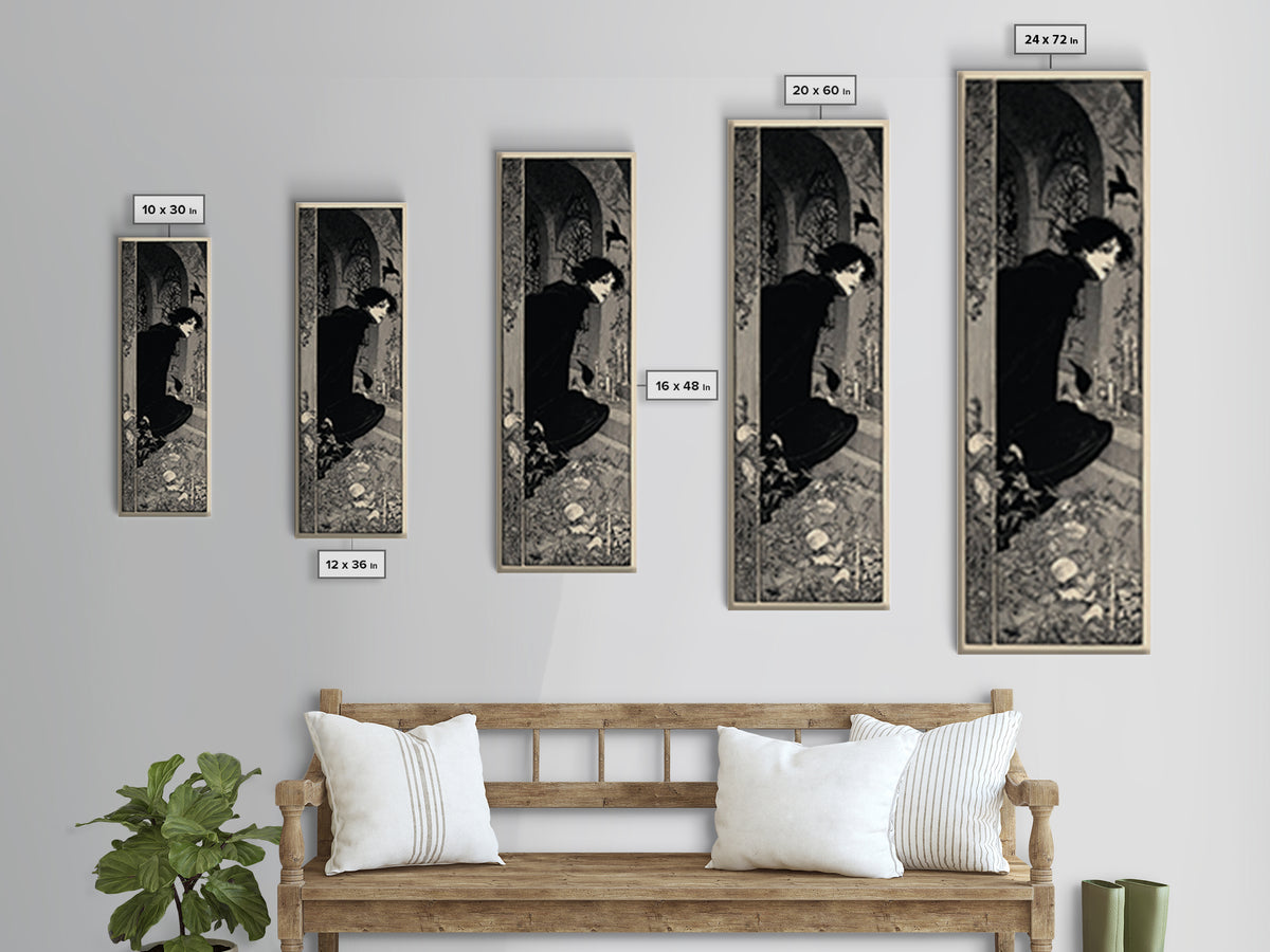 The Candlelit Crypt, Decadent Line Art, Tall Narrow Wall Art, Macabre Wall Art, Framed Canvas Print, Halloween Wall Art