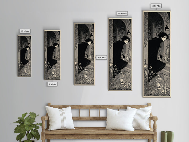 The Candlelit Crypt, Decadent Line Art, Tall Narrow Wall Art, Macabre Wall Art, Framed Canvas Print, Halloween Wall Art