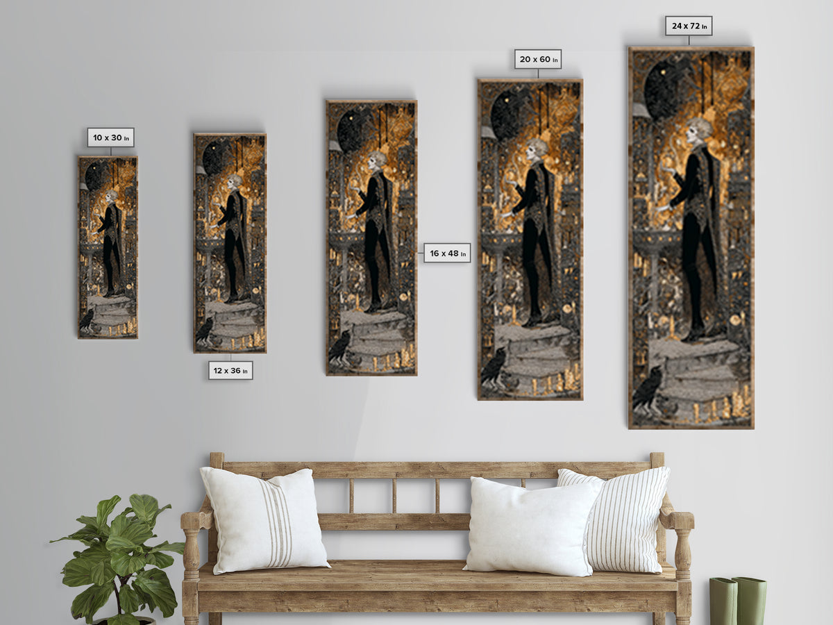 The Candlelit Crypt, Stained Glass Gothic Art, Tall Narrow Wall Art, Dark Fantasy Wall Art, Framed Canvas Print, Halloween Wall Art