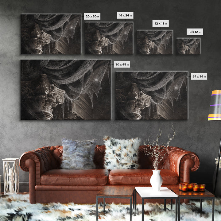 Black Lace And Cobwebs, Architectural Etching Art, Landscape Wall Art, Dark Fantasy Wall Art, Framed Canvas Print