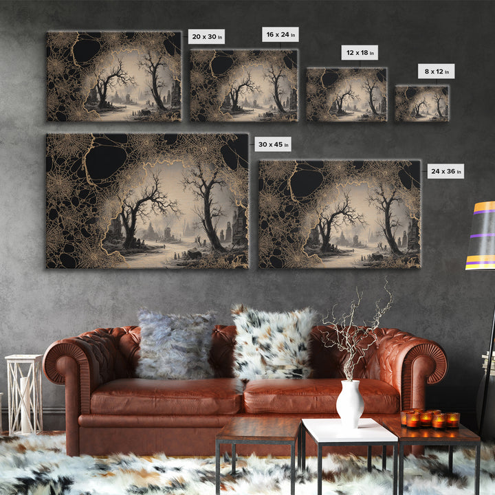 Black Lace And Cobwebs, Romantic Gothic Landscape, Landscape Wall Art, Gothic Horror Wall Art, Framed Canvas Print