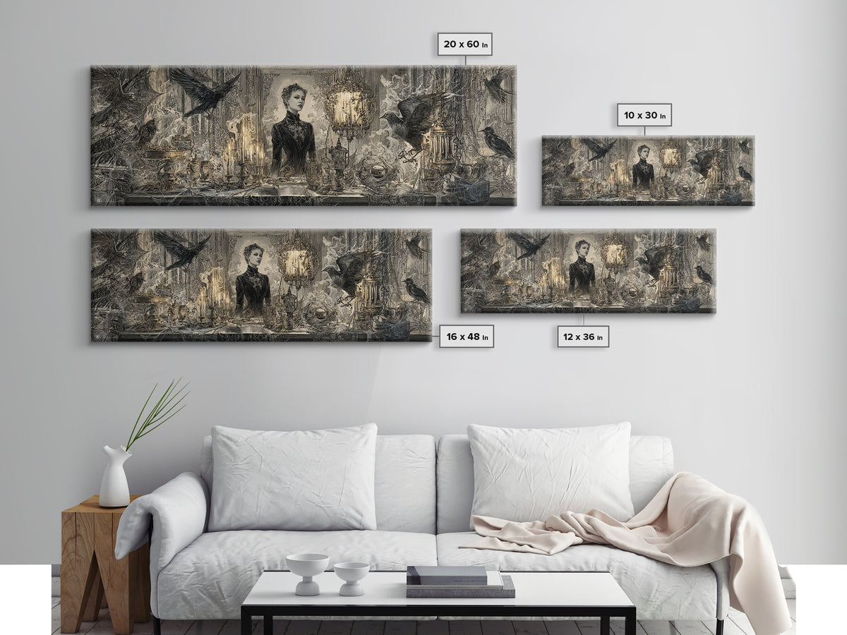 Black Lace And Cobwebs, Ornate Symbolist Art, Extra Wide Wall Art, Gothic Horror Wall Art, Canvas Print, Halloween Wall Art
