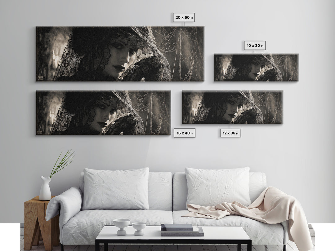 Black Lace And Cobwebs, Decadent Gothic Art, Extra Wide Wall Art, Dark Halloween Decor, Canvas Print, Halloween Wall Art
