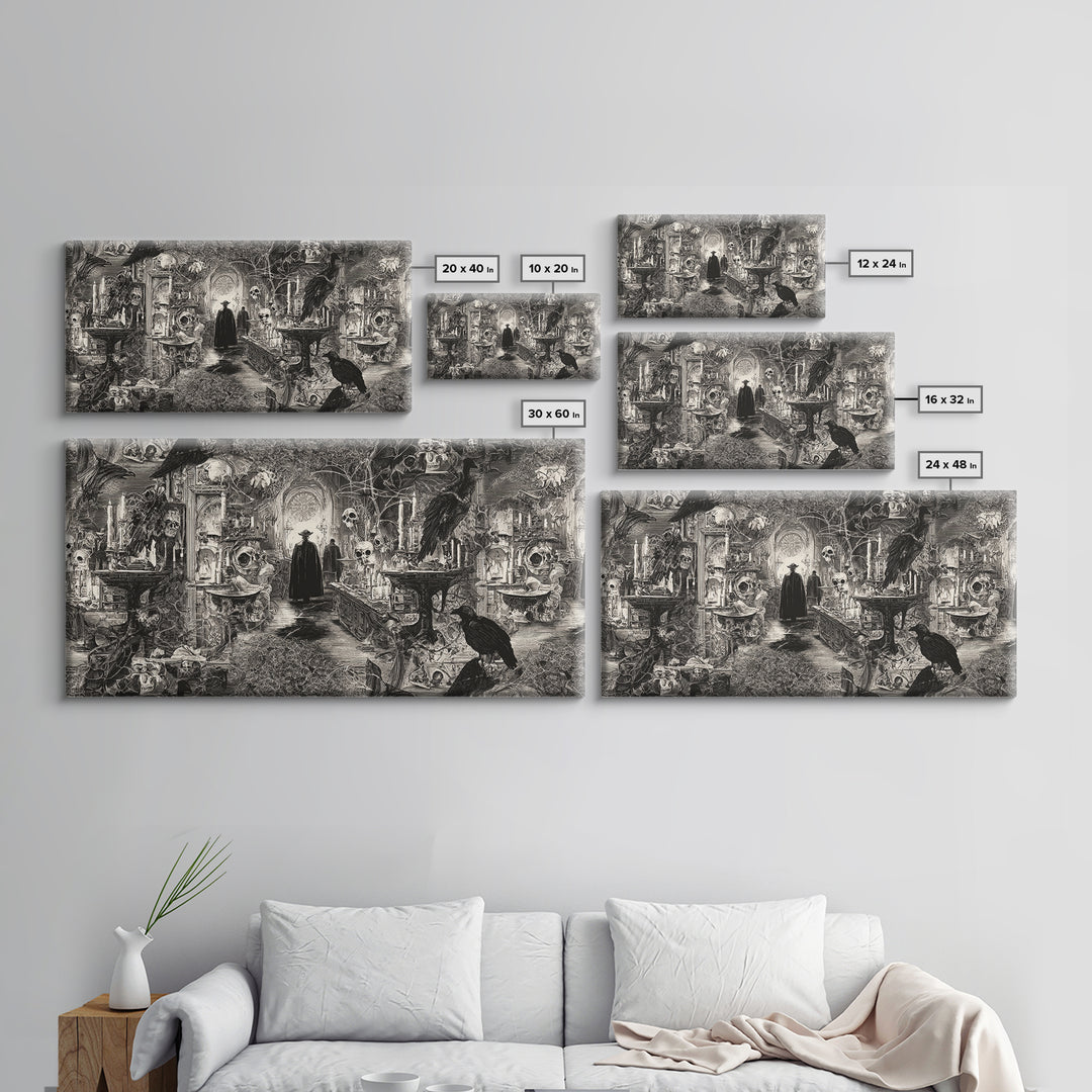 Black Lace And Cobwebs, Grotesque Carnival Art, Wide Panoramic Art, Dark Fantasy Wall Art, Framed Canvas Print, Halloween Wall Art