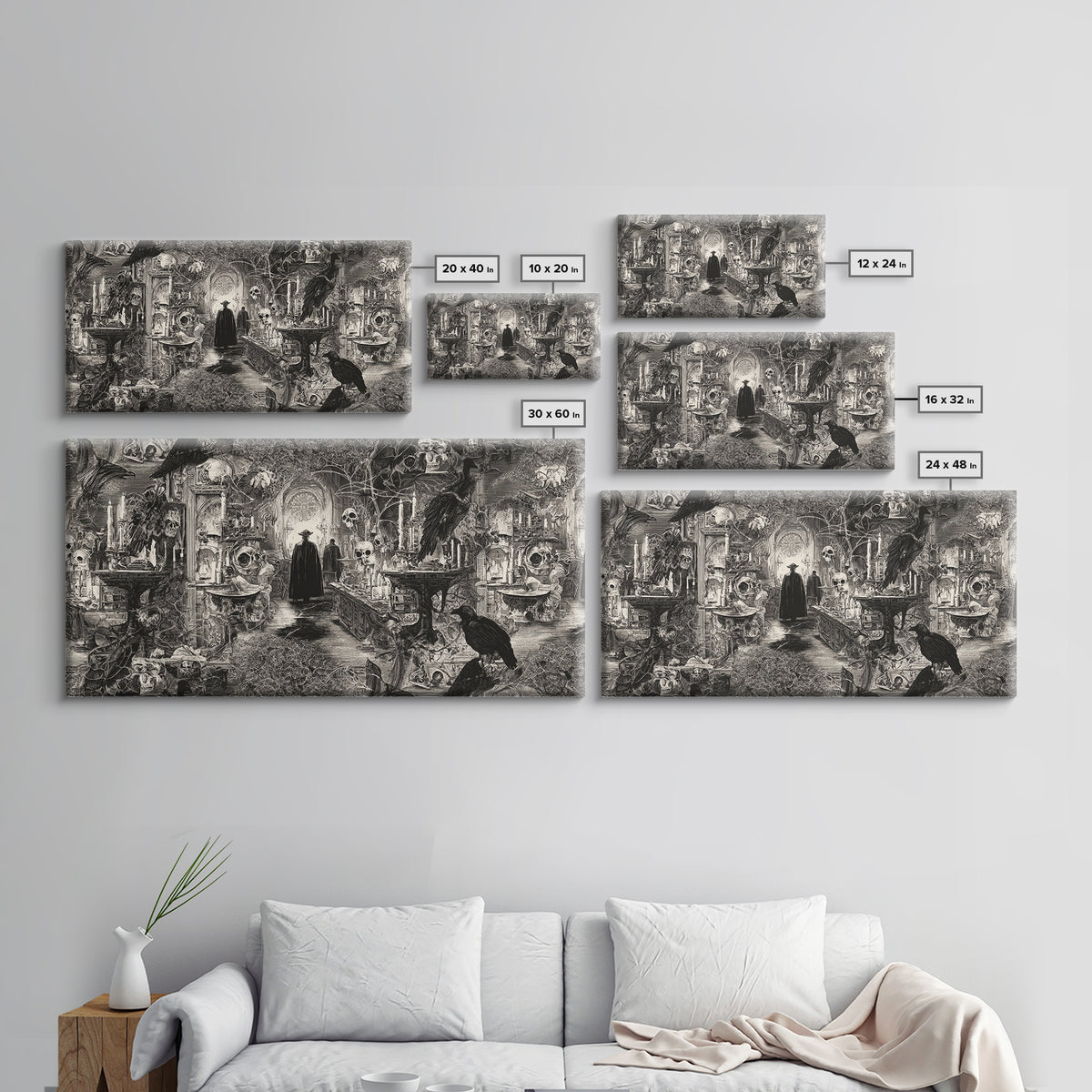 Black Lace And Cobwebs, Grotesque Carnival Art, Wide Panoramic Art, Dark Fantasy Wall Art, Framed Canvas Print, Halloween Wall Art
