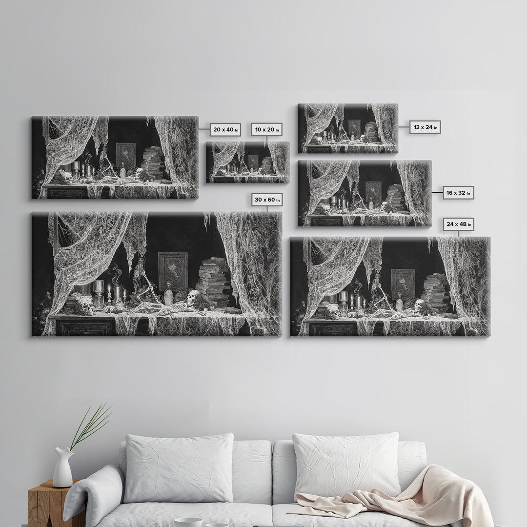 Black Lace And Cobwebs, Macabre Folk Print Art, Wide Panoramic Art, Gothic Horror Wall Art, Canvas Print, Halloween Wall Art