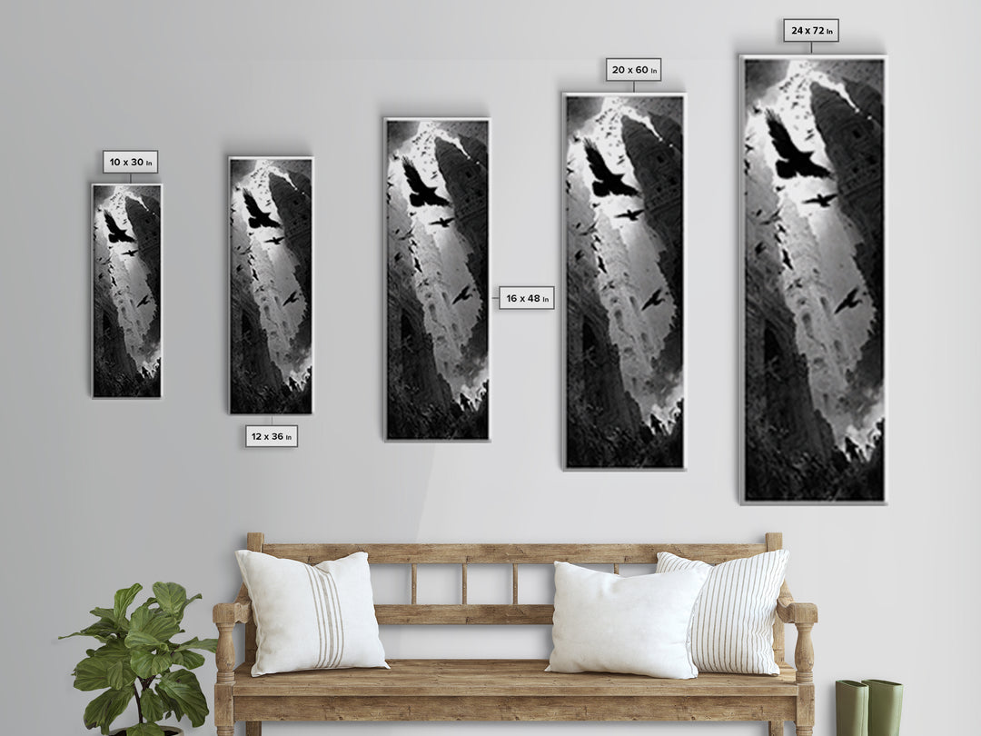 Ravens And Ruins, Gothic Engraving Art, Tall Narrow Wall Art, Macabre Wall Art, Canvas Print, Halloween Wall Art, Seasonal Home Decor