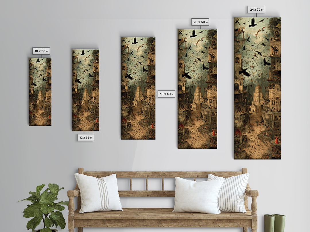 Ravens And Ruins, Medieval Grotesque Art, Tall Narrow Wall Art, Macabre Wall Art, Canvas Print, Halloween Wall Art, Halloween Decor