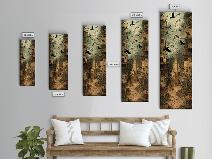 Ravens And Ruins, Medieval Grotesque Art, Tall Narrow Wall Art, Macabre Wall Art, Canvas Print, Halloween Wall Art, Halloween Decor