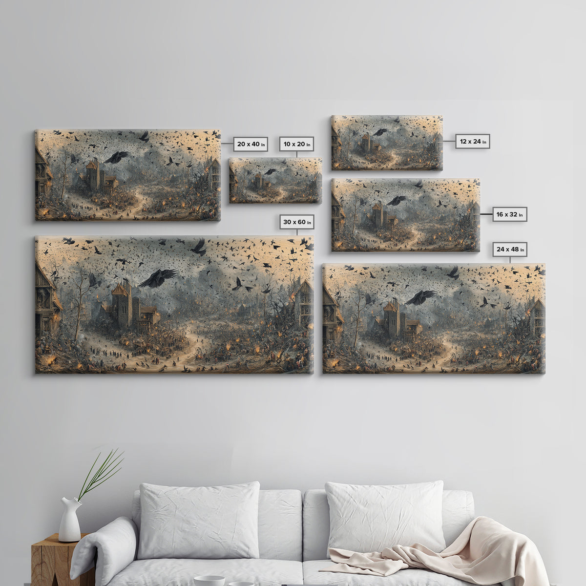 Ravens And Ruins, Northern Renaissance Horror, Wide Panoramic Art, Dark Halloween Decor, Framed Canvas Print, Halloween Wall Art