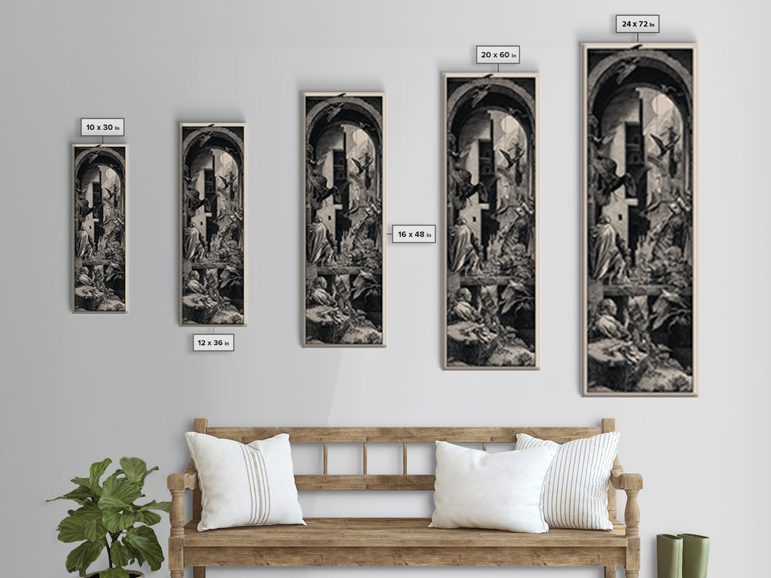 Ravens And Ruins, Renaissance Engraving Art, Tall Narrow Wall Art, Gothic Horror Wall Art, Framed Canvas Print, Halloween Wall Art