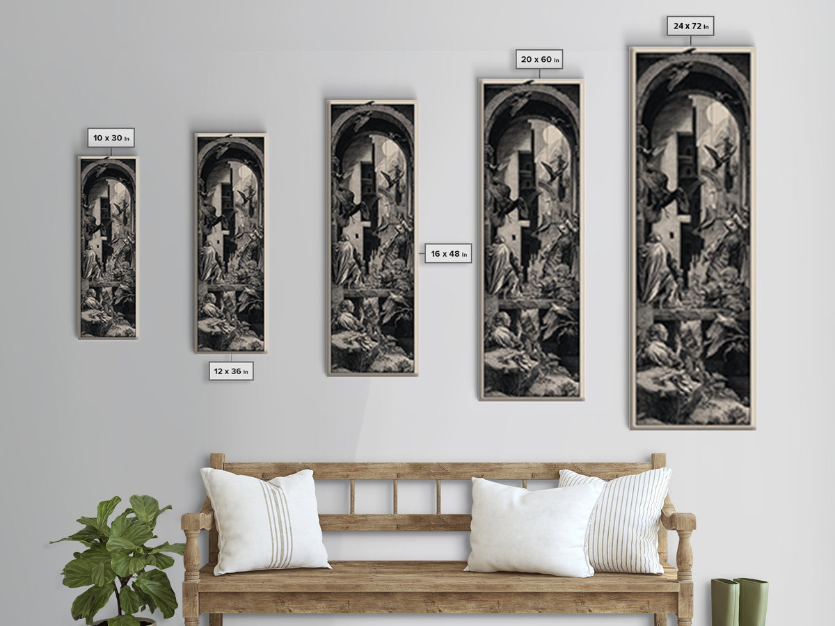 Ravens And Ruins, Renaissance Engraving Art, Tall Narrow Wall Art, Gothic Horror Wall Art, Framed Canvas Print, Halloween Wall Art