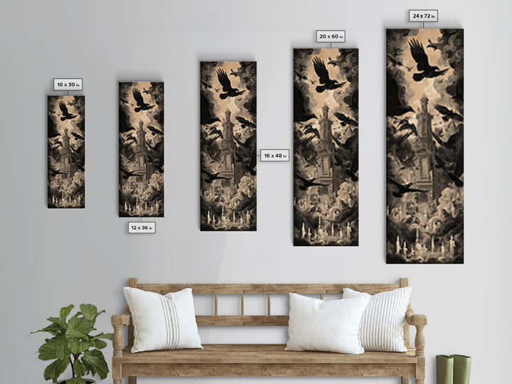 Ravens And Ruins, Gothic Nightmare Art, Tall Narrow Wall Art, Gothic Horror Wall Art, Framed Canvas Print, Halloween Wall Art