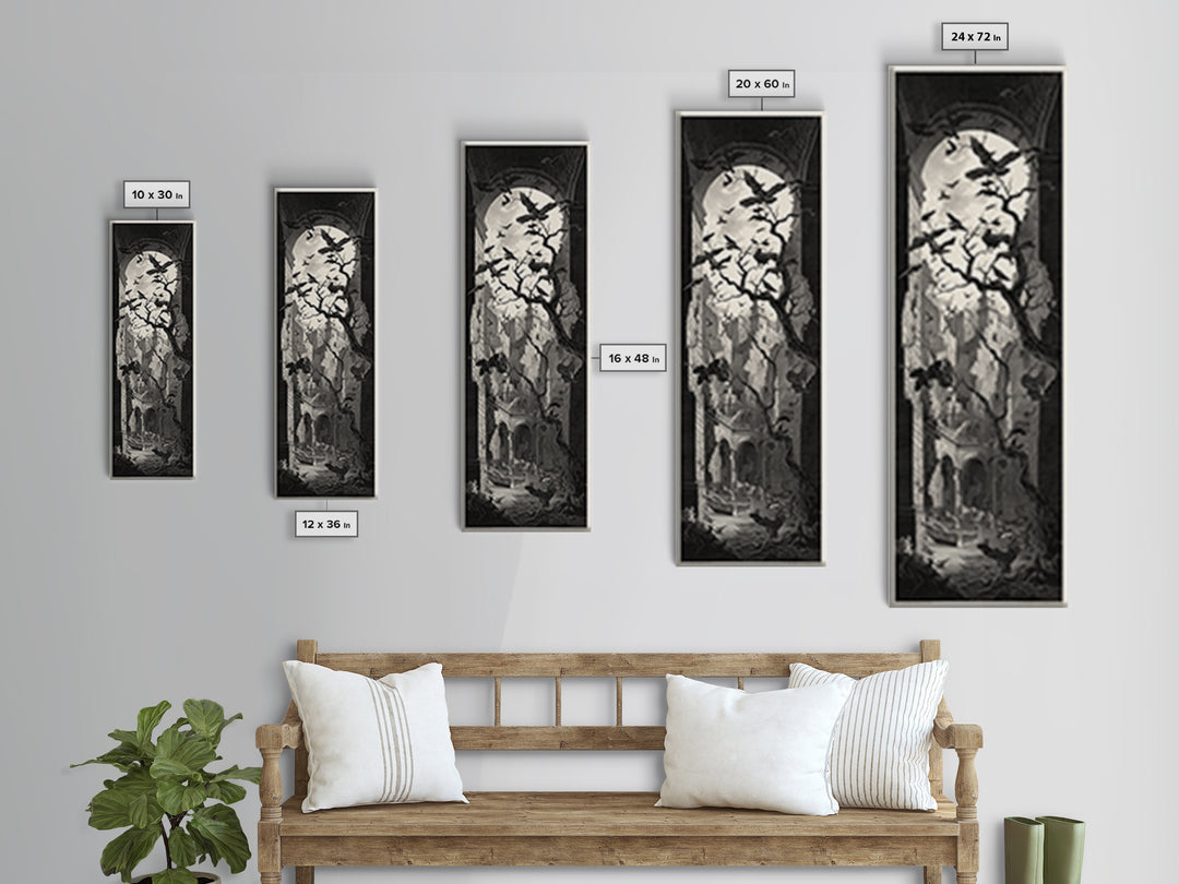 Ravens And Ruins, Architectural Etching Art, Tall Narrow Wall Art, Gothic Horror Wall Art, Framed Canvas Print