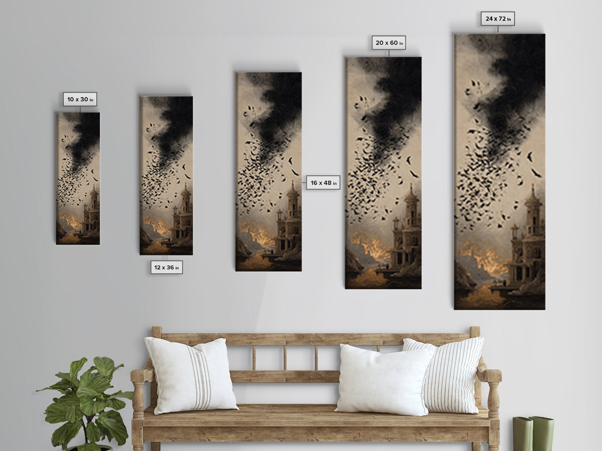 Ravens And Ruins, Apocalyptic Romantic Art, Tall Narrow Wall Art, Gothic Horror Wall Art, Framed Canvas Print, Halloween Wall Art