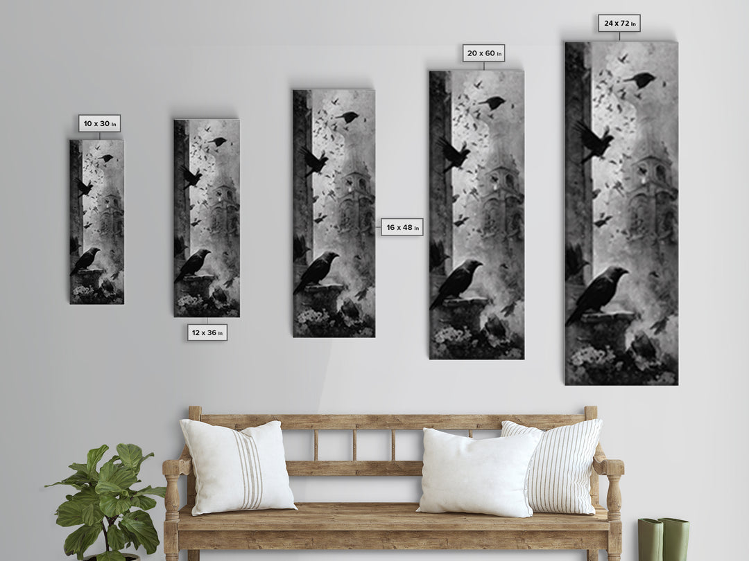 Ravens And Ruins, Symbolist Dream Art, Tall Narrow Wall Art, Dark Fantasy Wall Art, Canvas Print, Halloween Wall Art