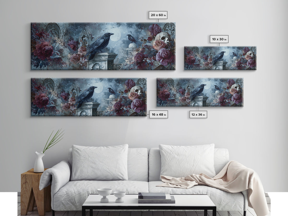 Silent Graveyard with Blue Moon Haze Framed Canvas Print, Dark Art, Print, Living Room Decor, Nocturne, Moody Wall Art, DAR-3x1-10