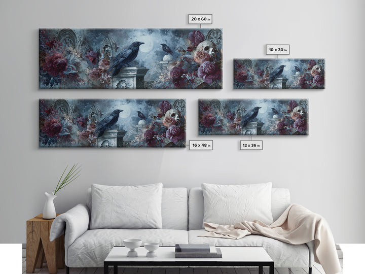 Silent Graveyard with Blue Moon Haze Framed Canvas Print, Dark Art, Print, Living Room Decor, Nocturne, Moody Wall Art, DAR-3x1-10