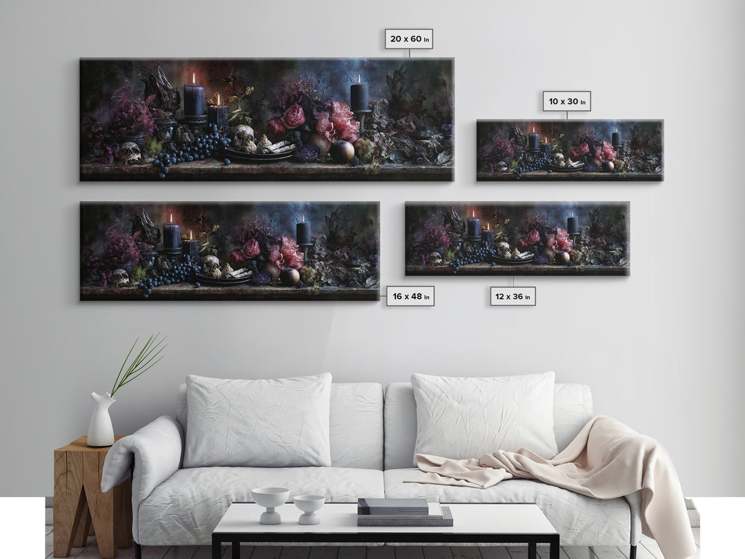 Witchy Still Life of Herbs Candles and Canvas Print, Dark Art, Textured Painting, Living Room Decor, Fine Art, Nocturne, DAR-3x1-48