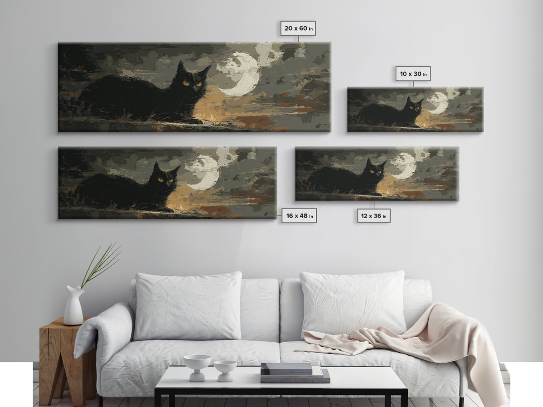 Black Cat with Glowing Eyes under Crescent Canvas Print, Dark Art, Halloween Decoration, Living Room Decor, Abstract Art, DAR-3x1-49