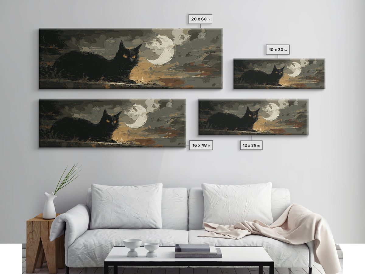 Black Cat with Glowing Eyes under Crescent Canvas Print, Dark Art, Halloween Decoration, Living Room Decor, Abstract Art, DAR-3x1-49