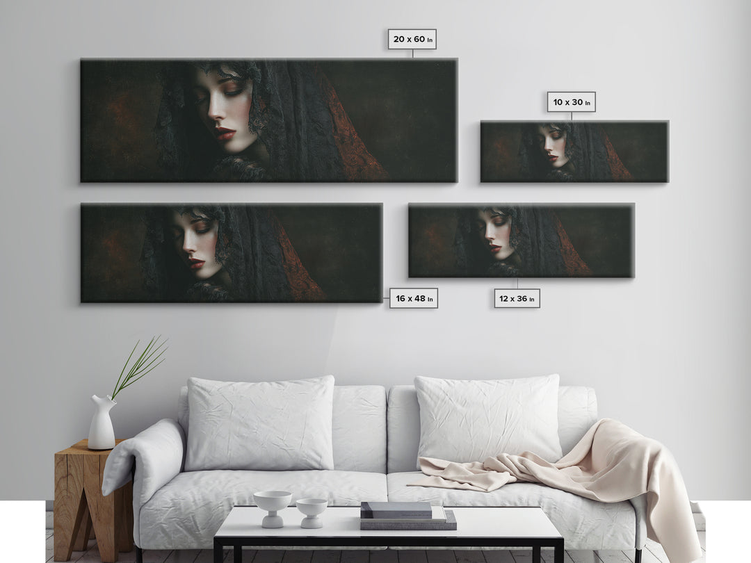 Vampire Inspired Portrait with Pale Dramatic Light Framed Canvas Print, Dark Art, Goth Decor, Living Room Decor, Nocturne, DAR-3x1-5