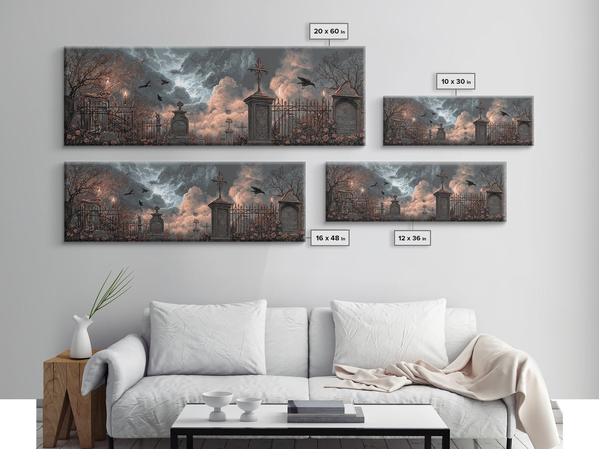 Silent Graveyard with Blue Moon Haze Framed Canvas Print, Dark Art, Gothic Wall Art, Living Room Decor, Fine Art, Nocturne, DAR-3x1-58