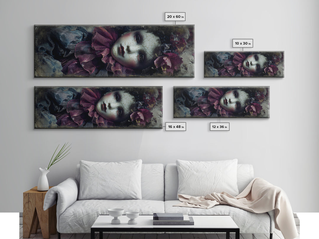 Cracked Porcelain Doll Portrait Framed Canvas Print, Dark Art, Contemporary Art, Living Room Decor, Fine Art, Nocturne, DAR-3x1-63