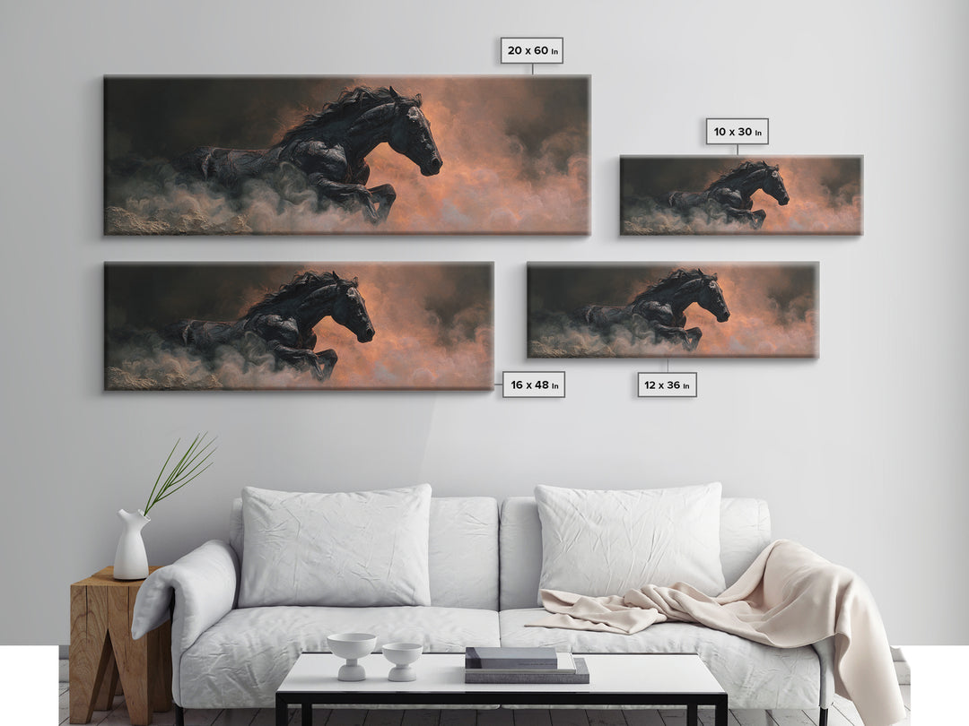Black Horse Emerging from Smoke Canvas Print, Dark Art, Dark Academia, Living Room Decor, Fine Art, Nocturne, Horror Decor, DAR-3x1-83