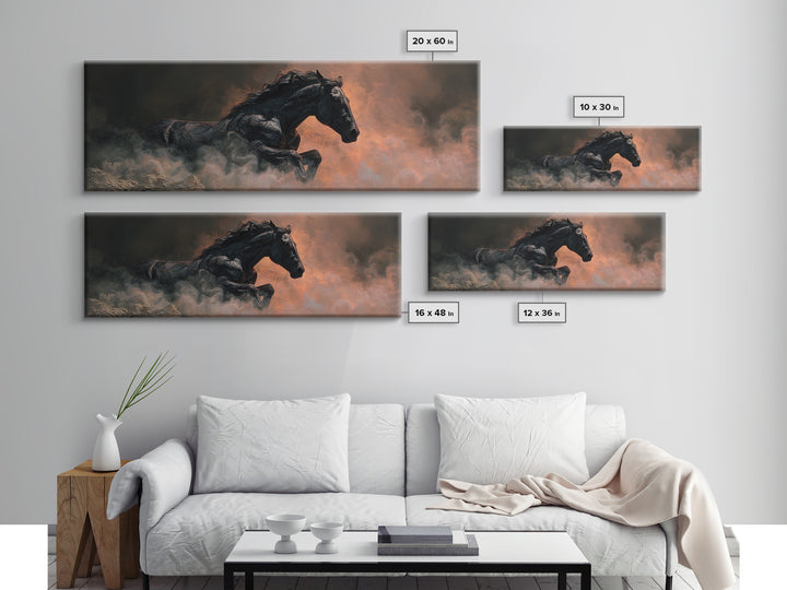 Black Horse Emerging from Smoke Canvas Print, Dark Art, Dark Academia, Living Room Decor, Fine Art, Nocturne, Horror Decor, DAR-3x1-83