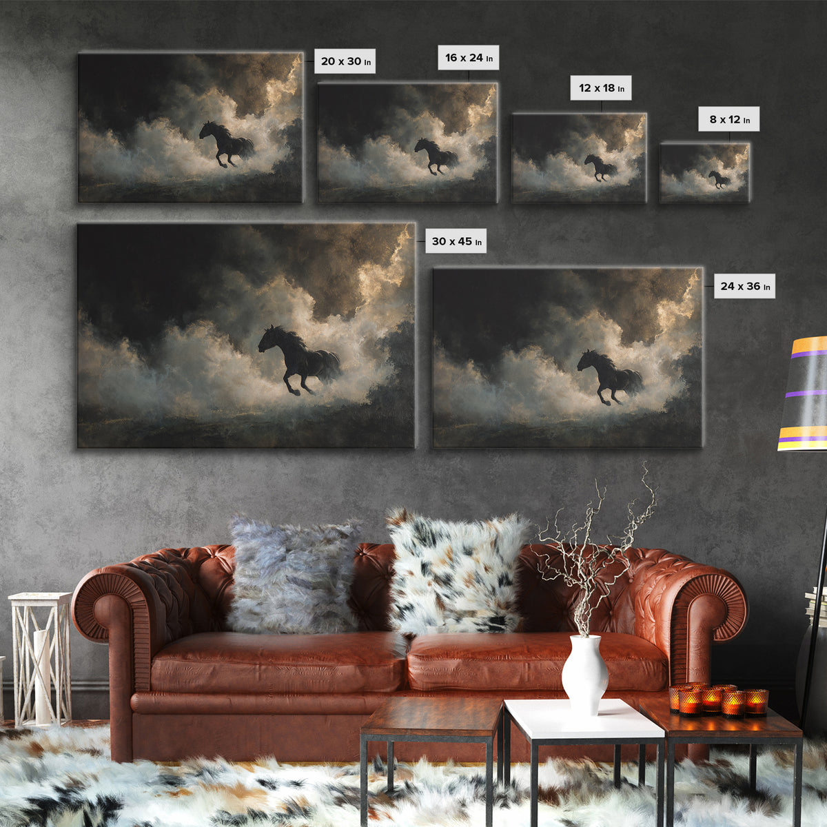 Black Horse Emerging from Smoke Framed Canvas Print, Dark Art, Living Room Decor, Oil Painting, Nocturne, Halloween Art, DAR-3x2-47