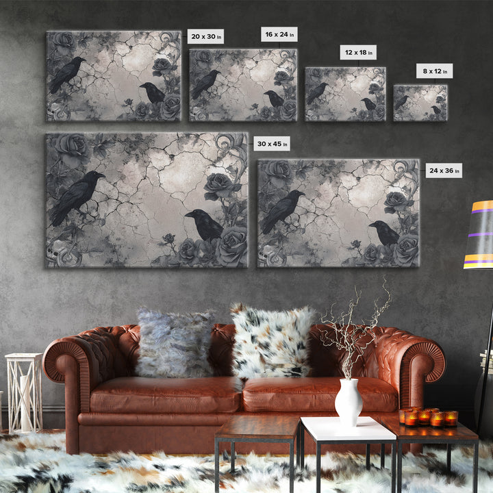 Black Roses Blooming from Cracked Stone Framed Canvas Print, Dark Art, Fantasy Art, Living Room Decor, Fine Art, Nocturne, DAR-3x2-78