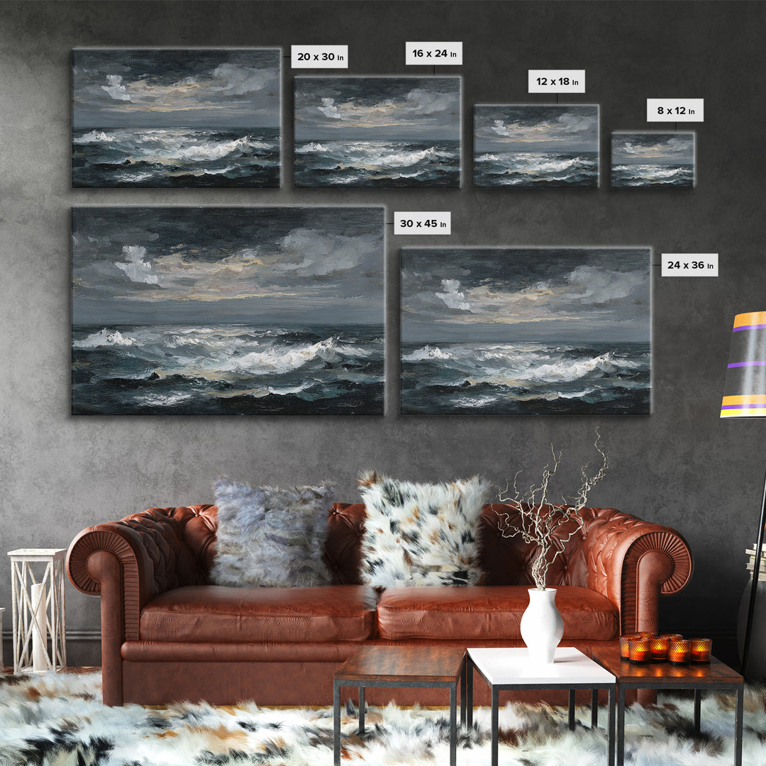 Stormy Sea under a Nearly Black Sky Framed Canvas Print, Dark Art, Fine Art Print, Living Room Decor, Fine Art, Nocturne, DAR-3x2-81