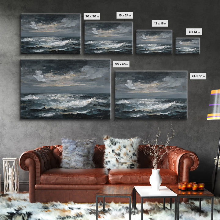 Stormy Sea under a Nearly Black Sky Framed Canvas Print, Dark Art, Fine Art Print, Living Room Decor, Fine Art, Nocturne, DAR-3x2-81