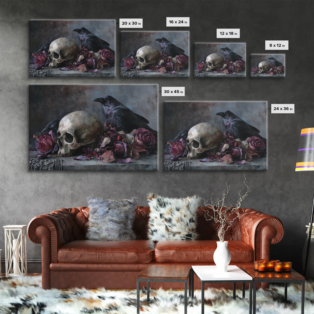 Baroque Skull and Red Velvet Vanitas Framed Canvas Print, Dark Art, Man Cave Decor, Living Room Decor, Fine Art, Nocturne, DAR-3x2-86