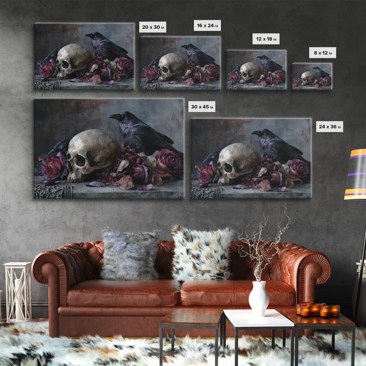 Baroque Skull and Red Velvet Vanitas Framed Canvas Print, Dark Art, Man Cave Decor, Living Room Decor, Fine Art, Nocturne, DAR-3x2-86