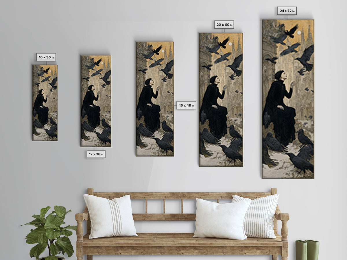 Ravens And Ruins, Symbolist Death Art, Tall Narrow Wall Art, Dark Halloween Decor, Canvas Print, Halloween Wall Art
