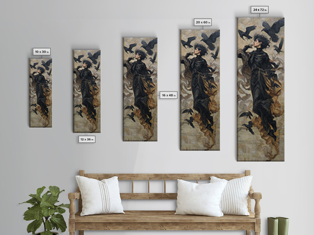 Ravens And Ruins, Dark Symbolist Art, Tall Narrow Wall Art, Dark Fantasy Wall Art, Framed Canvas Print, Halloween Wall Art