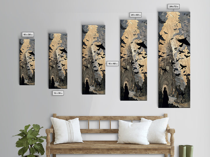 Ravens And Ruins, Symbolist Etching Art, Tall Narrow Wall Art, Gothic Horror Wall Art, Framed Canvas Print, Halloween Wall Art