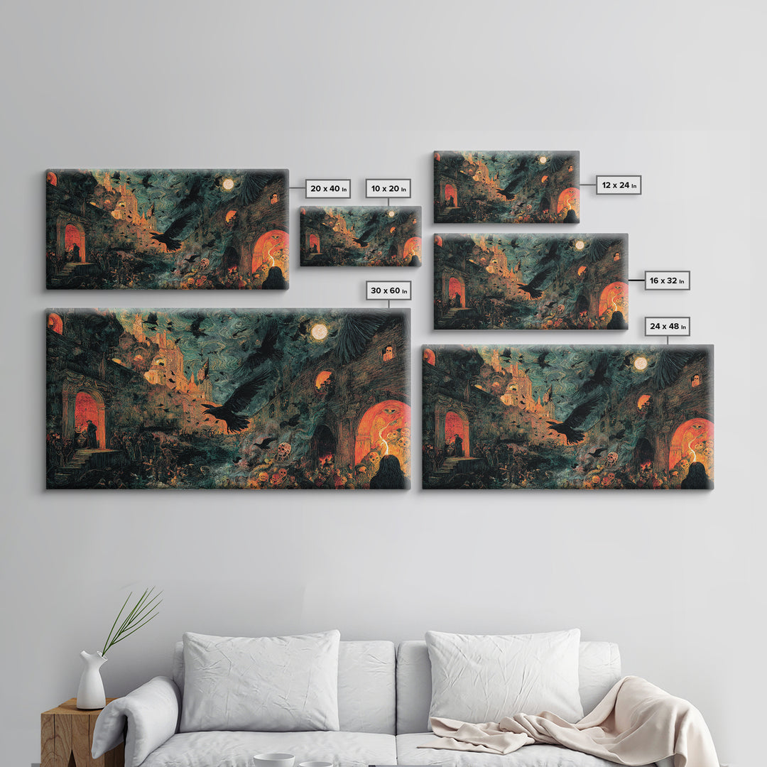 Ravens And Ruins, Grotesque Carnival Art, Wide Panoramic Art, Gothic Horror Wall Art, Framed Canvas Print, Halloween Wall Art