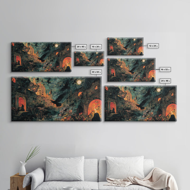 Ravens And Ruins, Grotesque Carnival Art, Wide Panoramic Art, Gothic Horror Wall Art, Framed Canvas Print, Halloween Wall Art