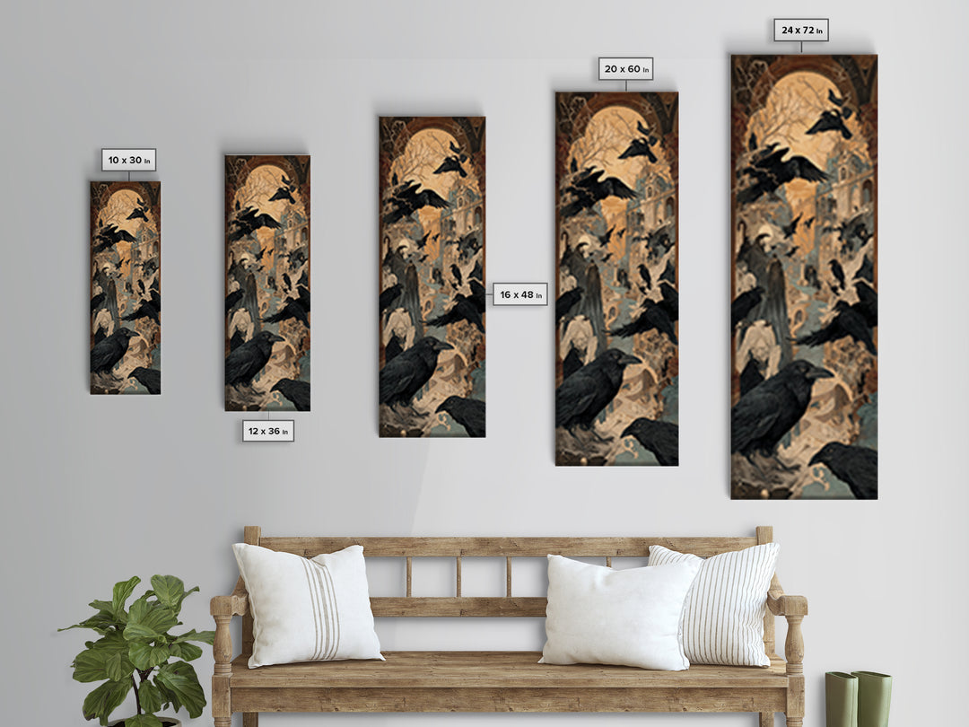Ravens And Ruins, Expressionist Gothic Art, Tall Narrow Wall Art, Dark Halloween Decor, Framed Canvas Print, Halloween Wall Art